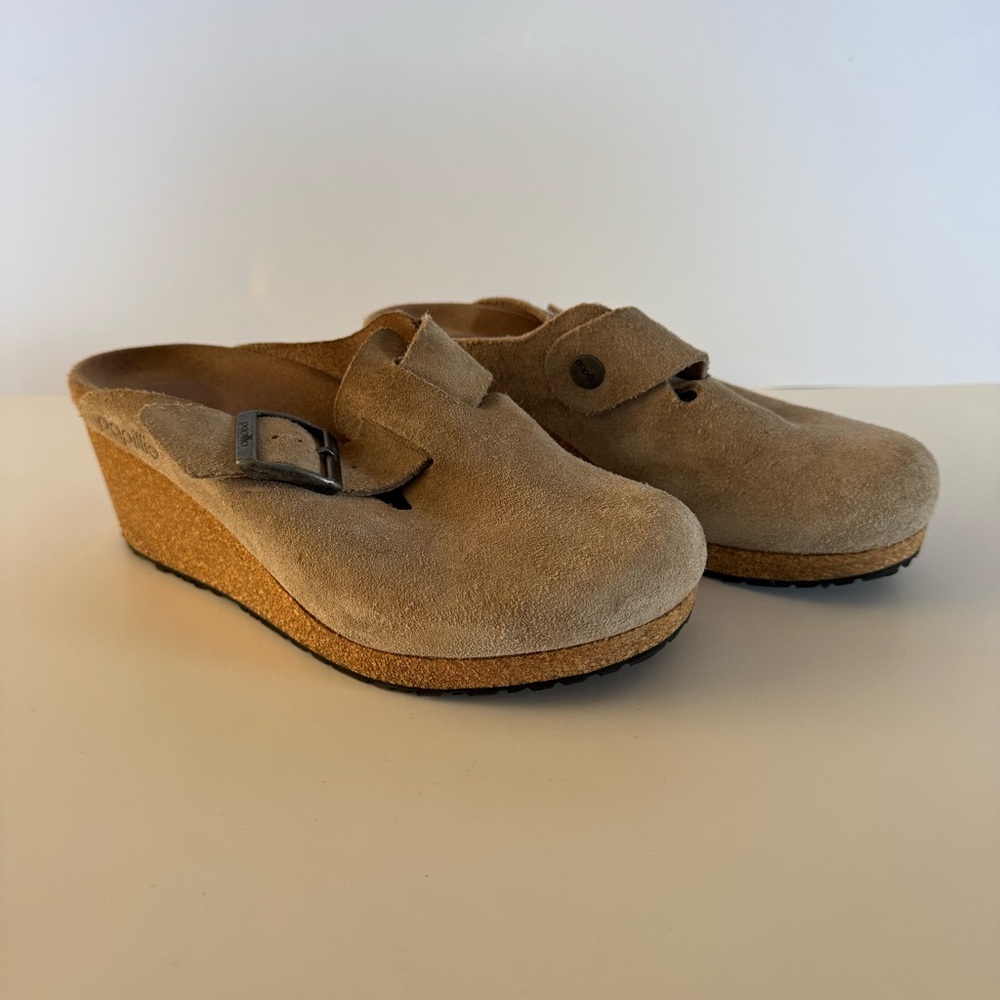 Papillio by Birkenstock Fanny Wedge Clog Suede Tan 36 Medium Narrow